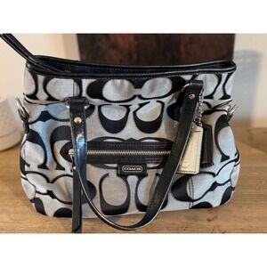 Coach Signature Monogram Canvas Leather Trim Satchel Handbag Silver Tone Accents